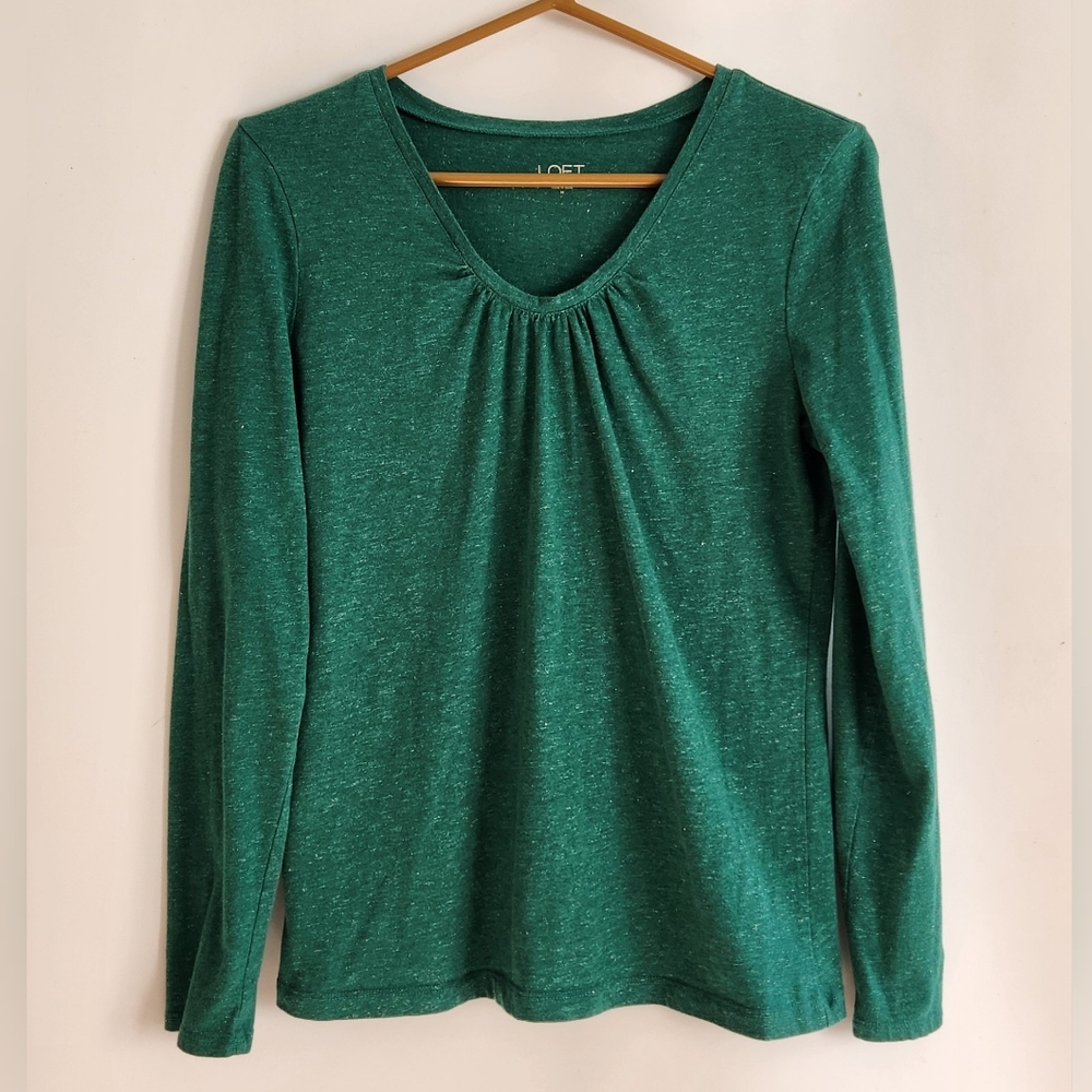 Loft Green Shimmer gathered V-neckline long sleeve top Size M